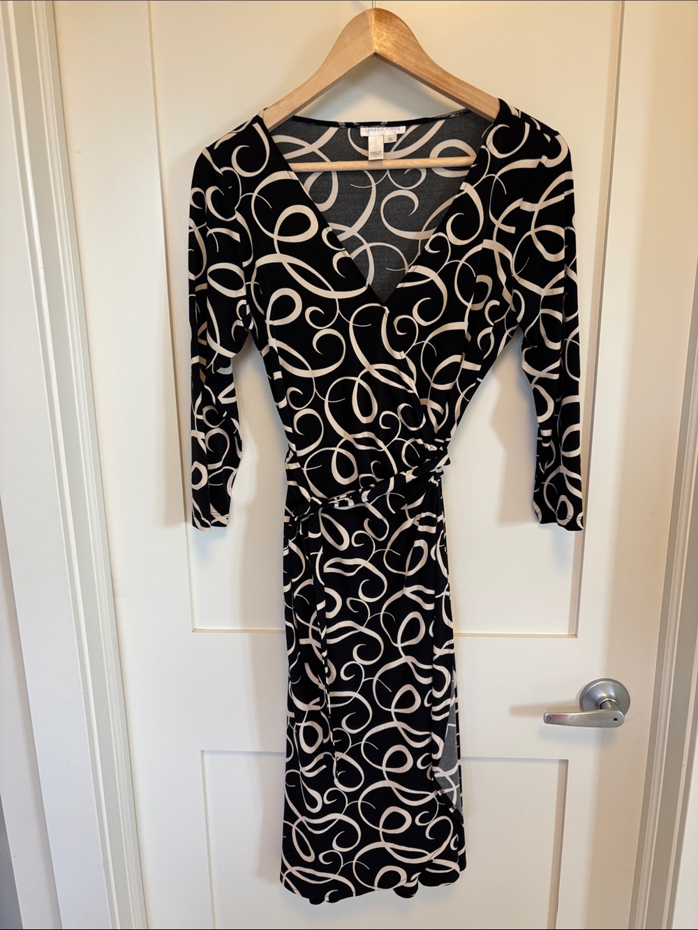 London Times Black Wrap Dress with Cream Swirl Print